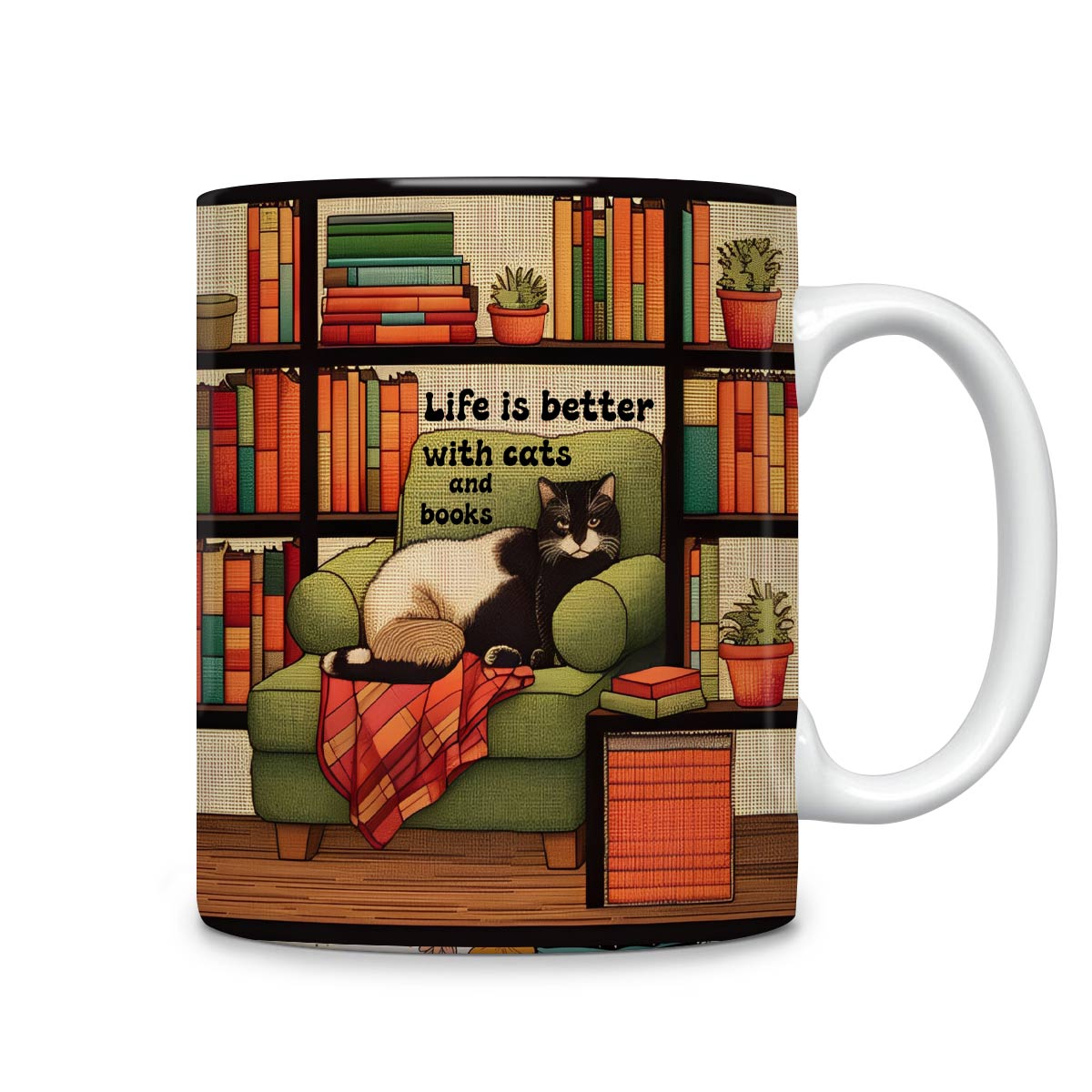 Tasse en céramique brillante Chat et livre