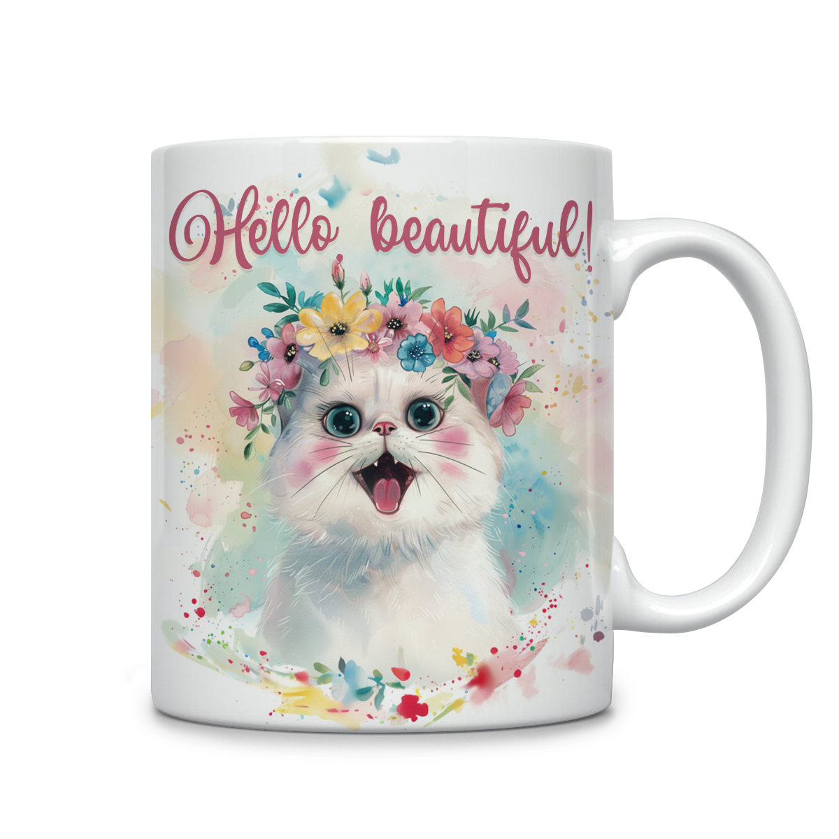 Tasse en céramique brillante Bonjour beau chat mignon