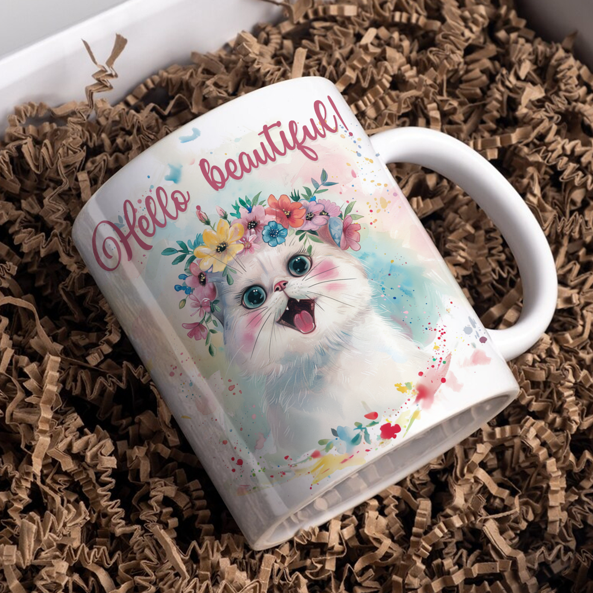 Tasse en céramique brillante Bonjour beau chat mignon