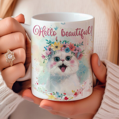 Tasse en céramique brillante Bonjour beau chat mignon