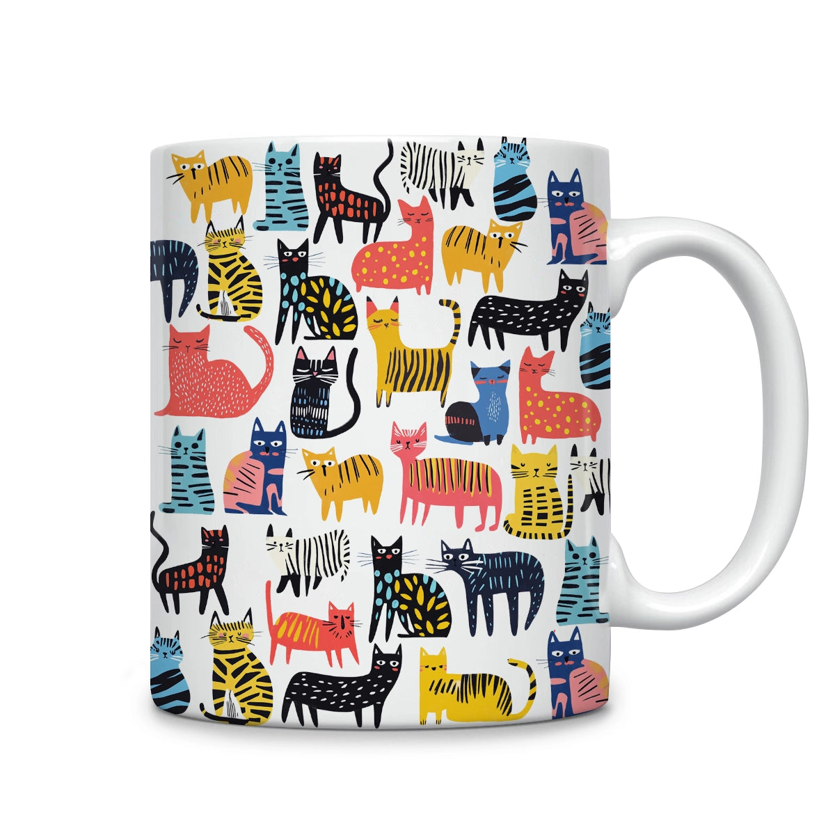 Tasse en céramique brillante avec des gribouillages de chats colorés