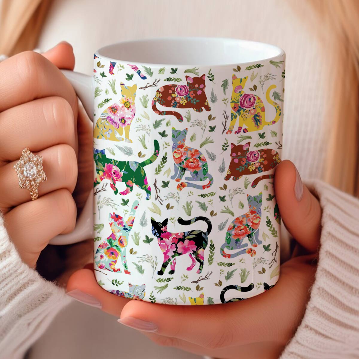 Tasse en céramique brillante Chat Floral