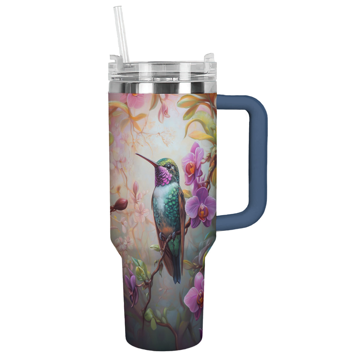 Glänzender Becher mit Orchideenkolibri