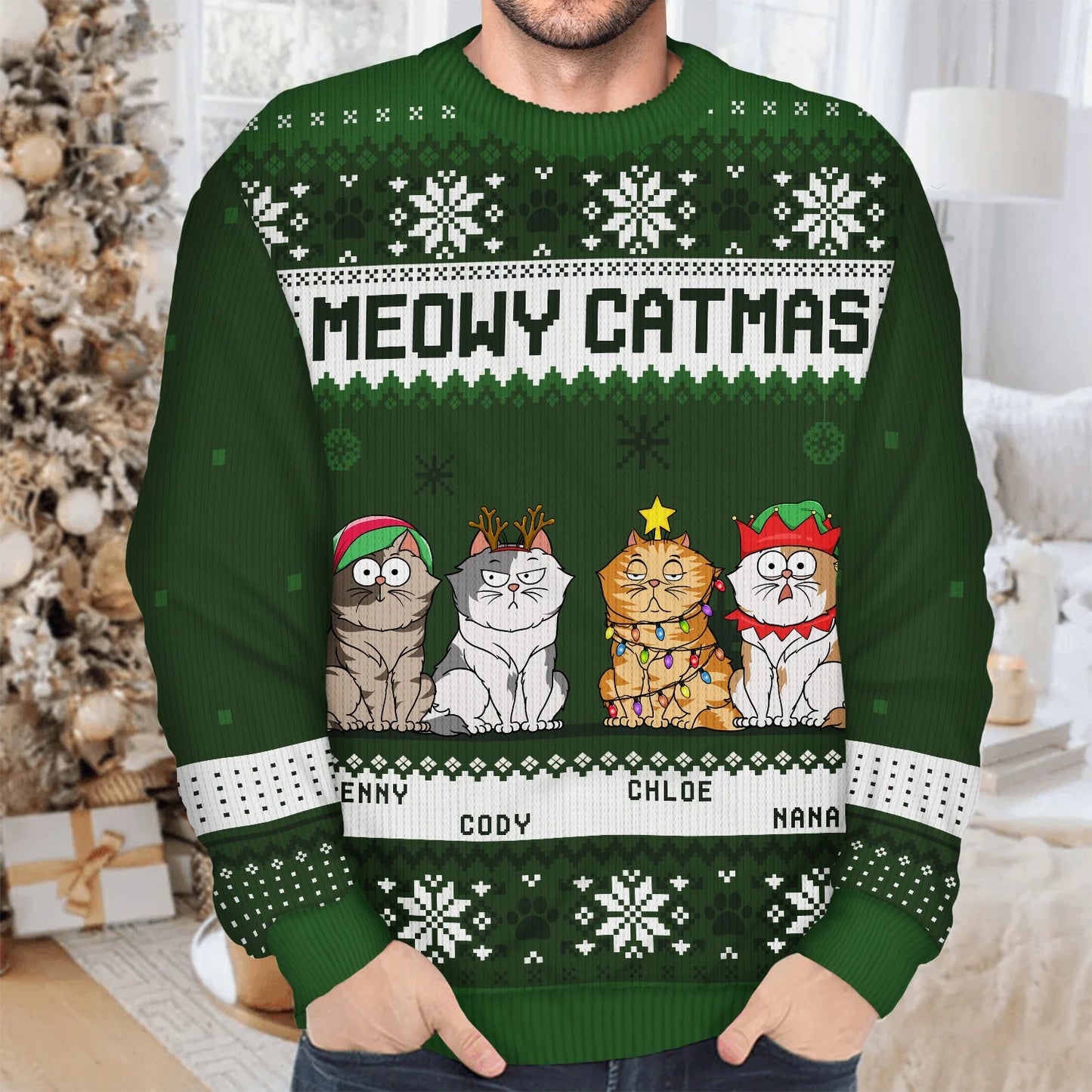 Shineful Meowy Catmas Funny Cartoon Cats - Personalized Ugly Sweater