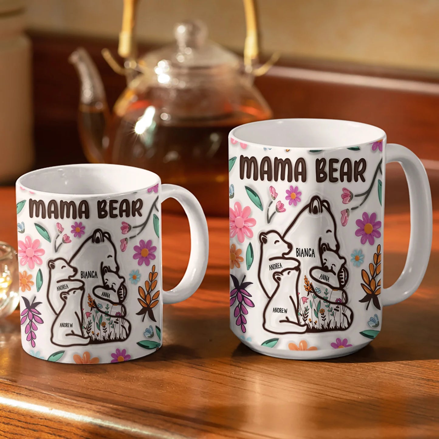 Mug imprimé effet gonflé 3D brillant - Cadeau d'anniversaire et d'amour pour maman, mère, grand-mère, grand-mère - Mama Bear Floral Style TH7