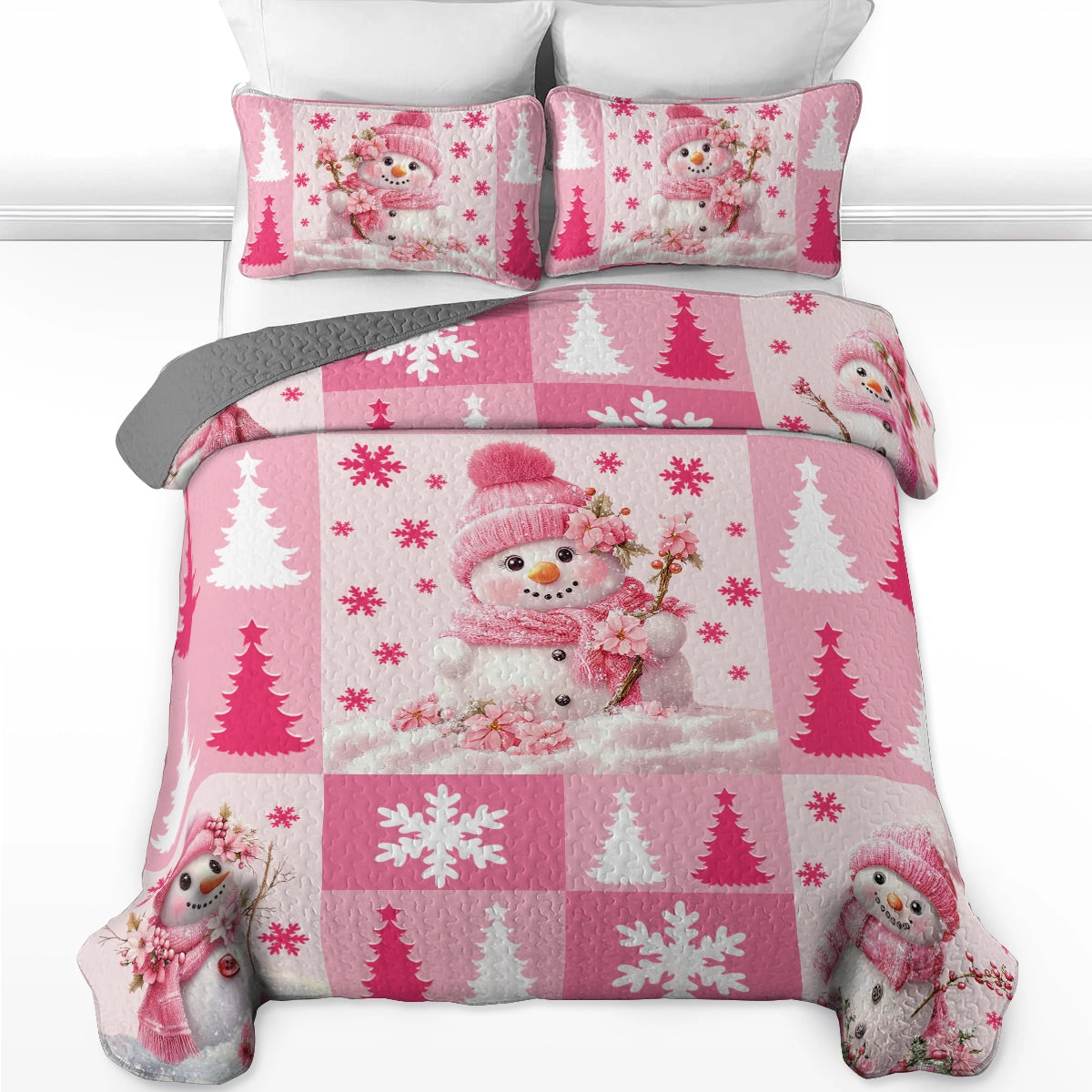 Shineful All Season Quilt 3-Piece Set - Christmas Pink Snowman