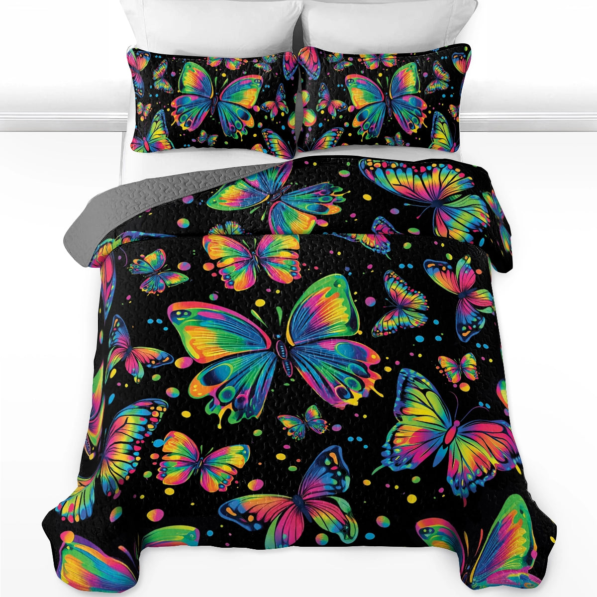 Shineful All Season Quilt 3-Piece Set - Neon Butterfly Dreams