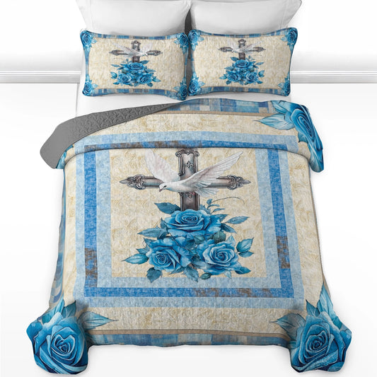 Shineful All Season Quilt 3-Piece Set - God Blue Rose Faith