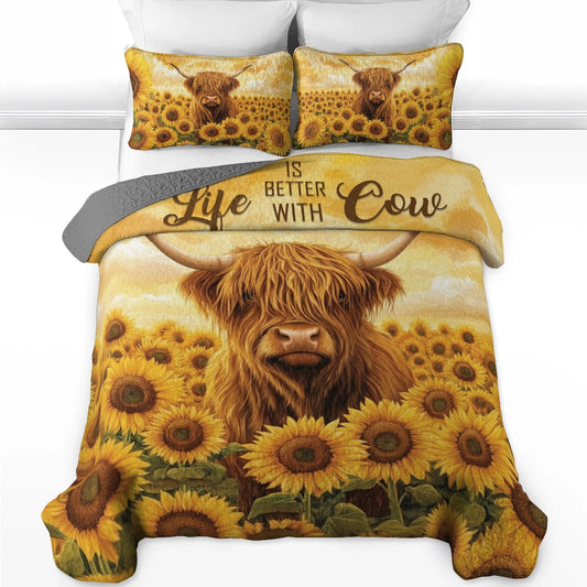 Ensemble de courtepointe toutes saisons Shineful 3 pièces - Tournesols câlins Highland Cow