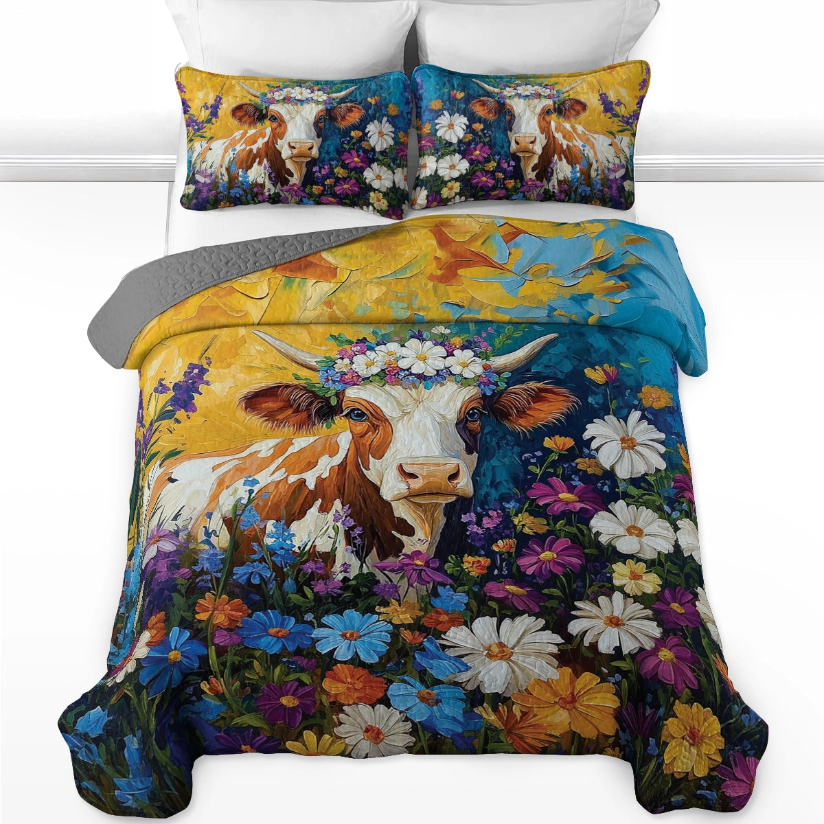 Shineful All Season Quilt 3-Piece Set - Floral Fantasy Cow