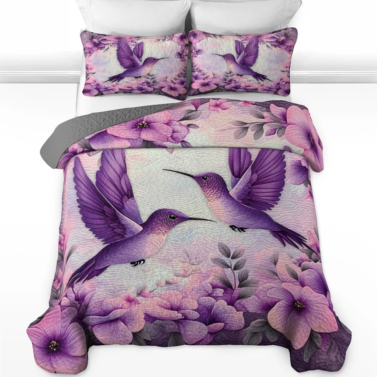 Shineful All Season Quilt 3-Piece Set - Purple Bliss Hummingbird