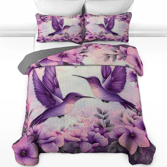 Ensemble de courtepointe toutes saisons Shineful 3 pièces - Colibri Purple Bliss