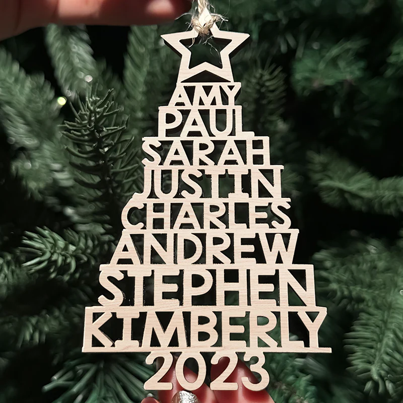 Custom Family Names 2023 Christmas Tree Ornament Up To 14 - Group Coworkers Wooden Shaped Mn8