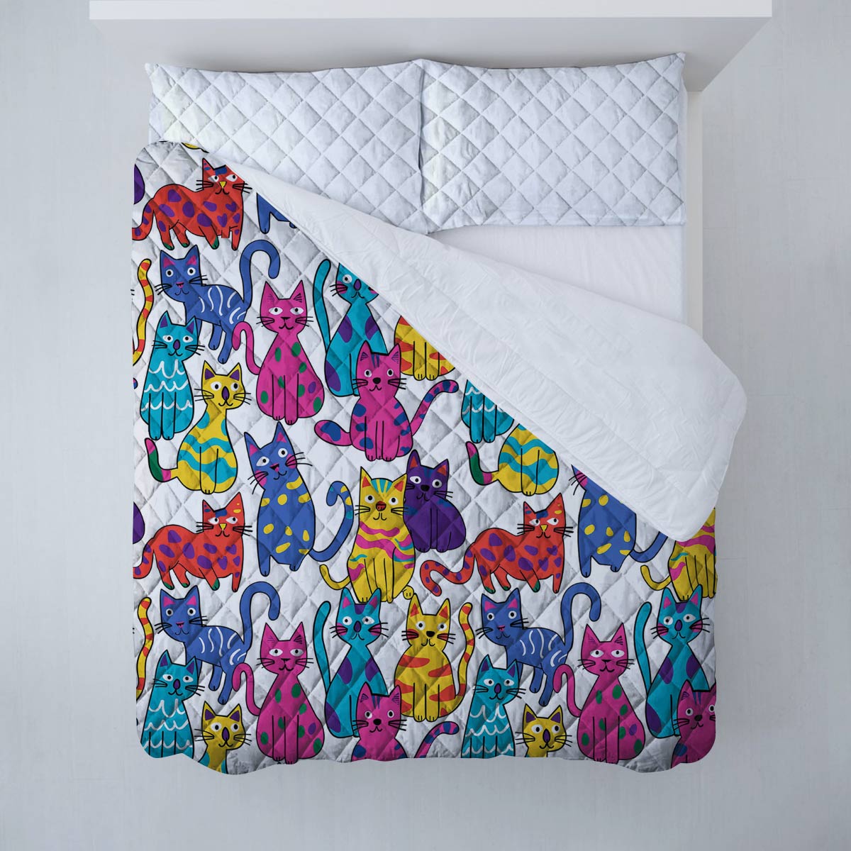 Shineful Flat Print Faux Quilt Blanket Colorful Cats