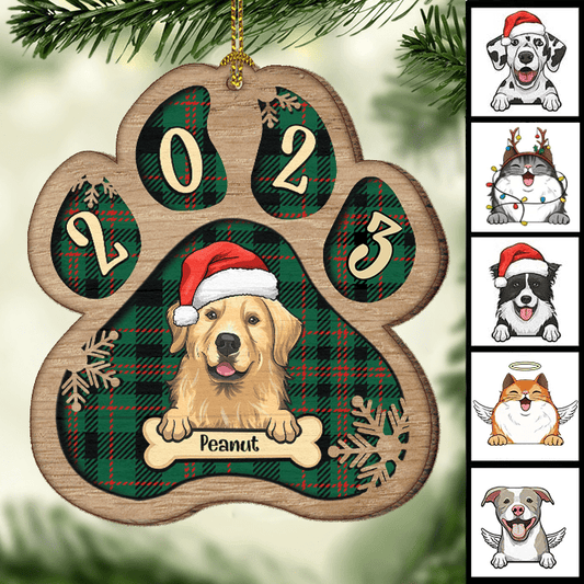 Shinefulgift® - Personalized Custom Paw Shaped Wood Christmas Ornament Dog Cat And Snow Plaid