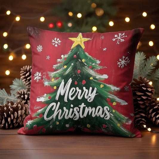 Housse de coussin, taie d'oreiller, taies d'oreiller imprimées en 2D brillantes - Arbre festif avec flocons de neige - Salutations de Noël