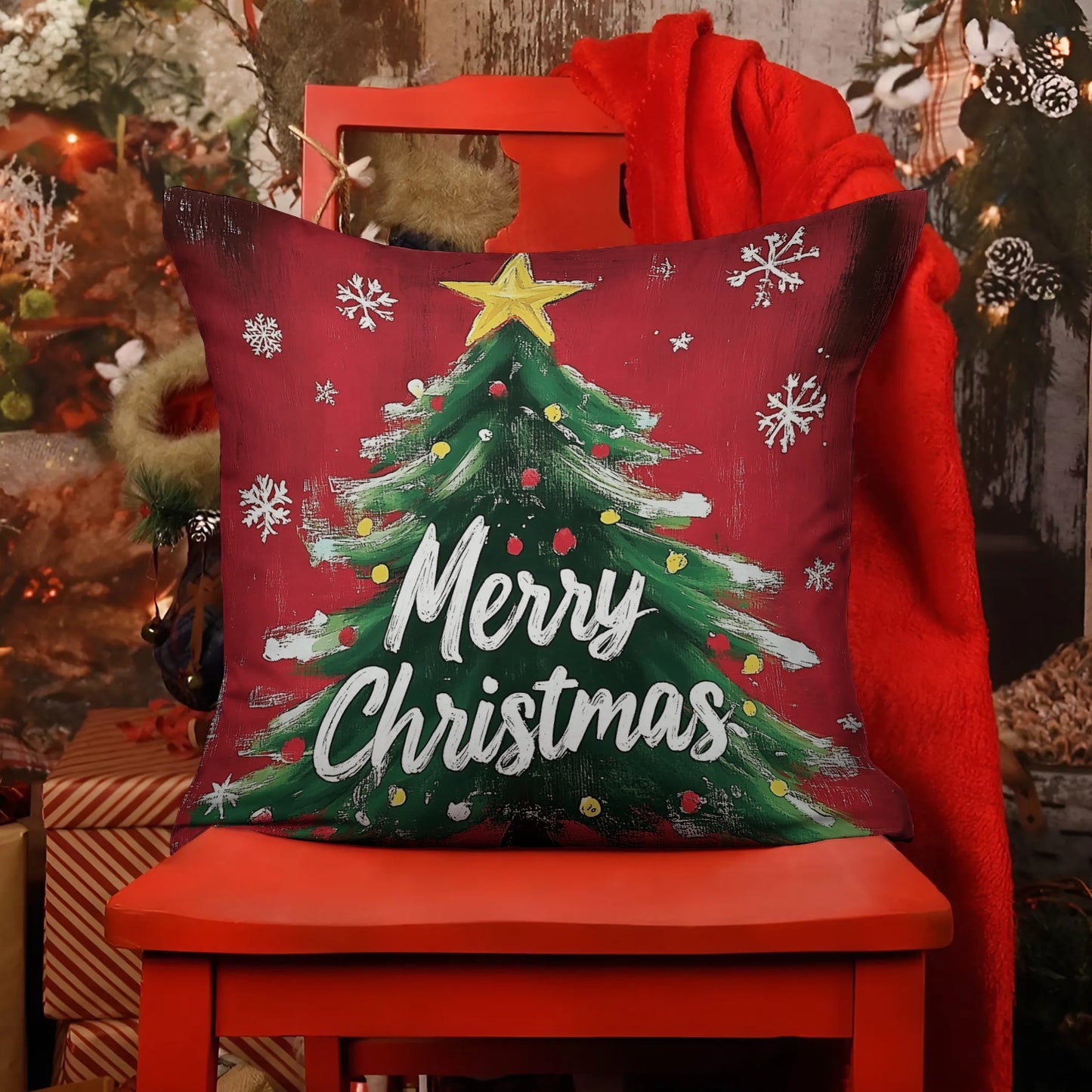 Shineful 2D Print Cushion Cover, Pillowcase, Pillows Covers - Festive Tree with Snowflakes - Christmas Greetings