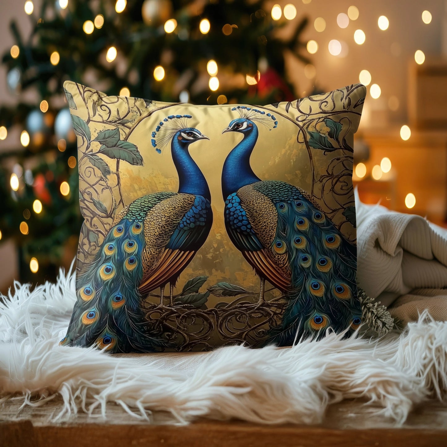 Shineful 2D Print Cushion Cover, Pillowcase, Pillows Covers - Majestic Harmony: A Pair of Regal Peacocks