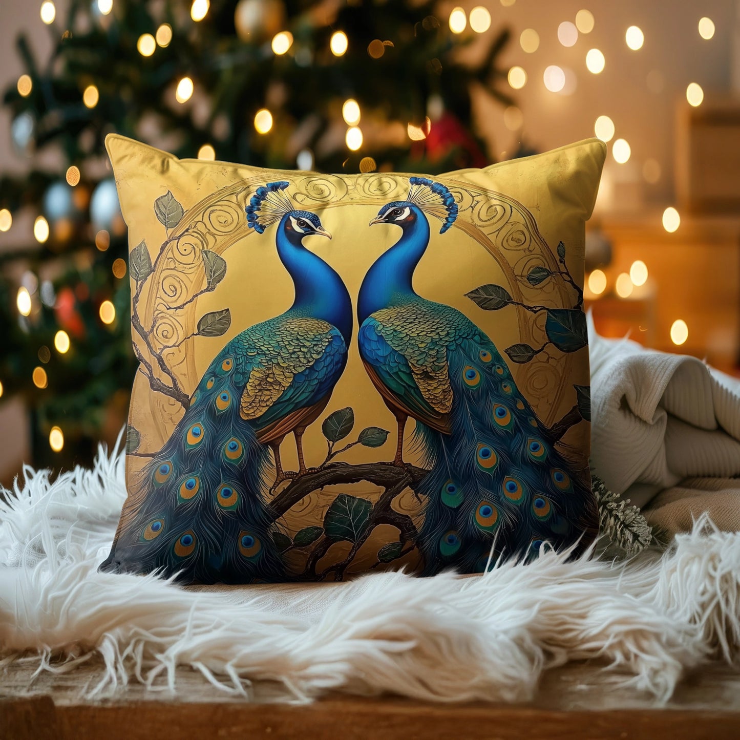 Shineful 2D Print Cushion Cover, Pillowcase, Pillows Covers - Blue Royalty: Twin Peacocks in Harmony