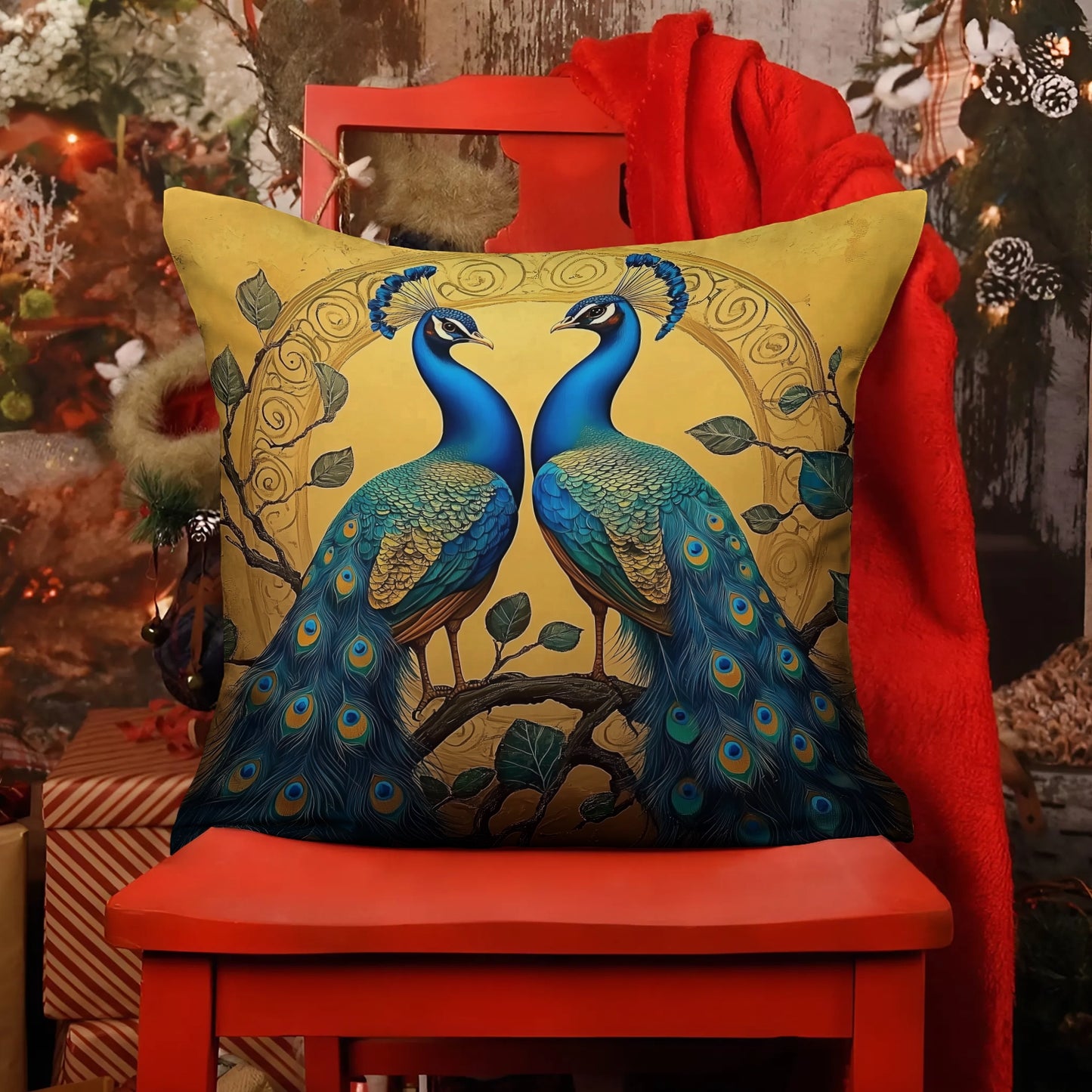 Shineful 2D Print Cushion Cover, Pillowcase, Pillows Covers - Blue Royalty: Twin Peacocks in Harmony