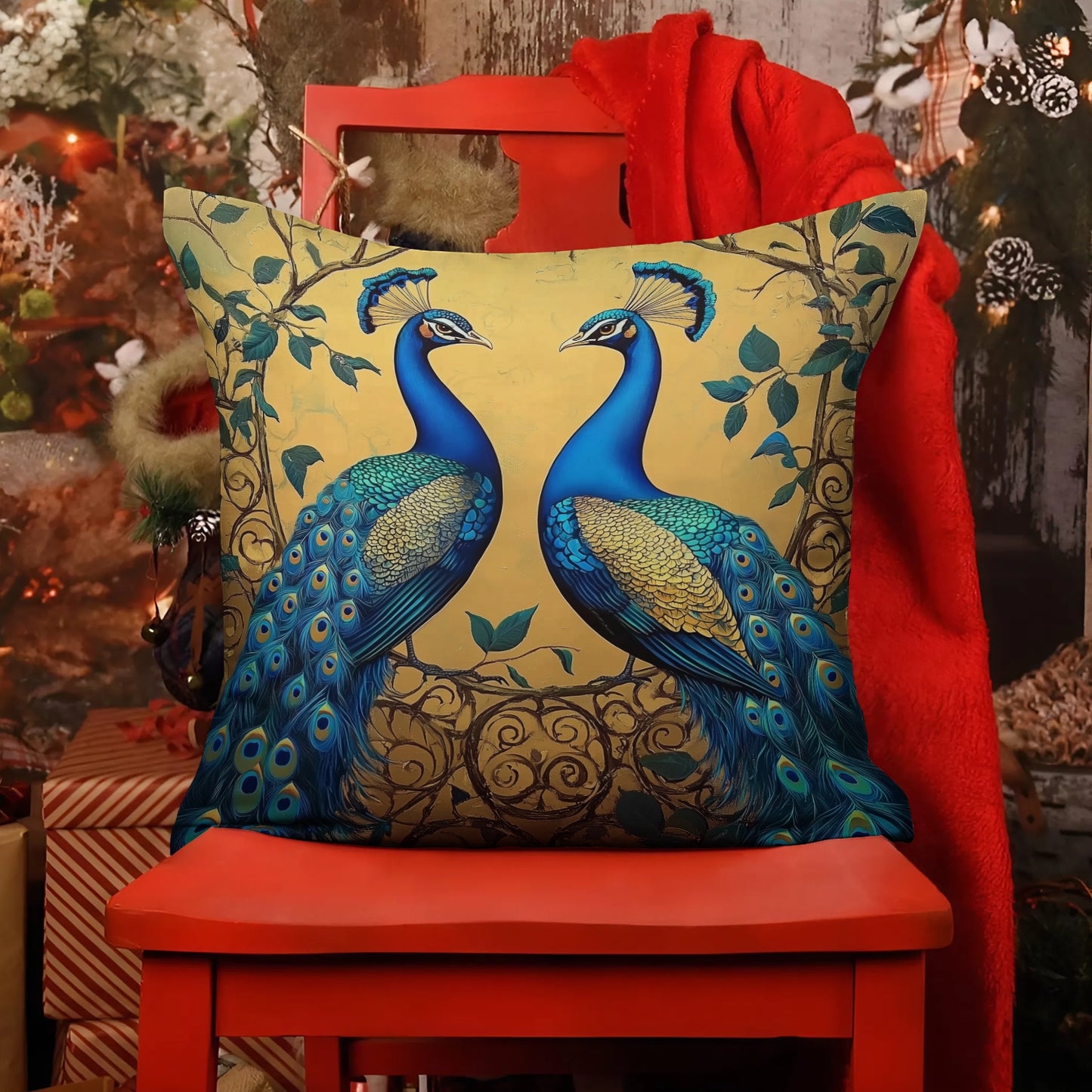 Shineful 2D Print Cushion Cover, Pillowcase, Pillows Covers - Harmonious Splendor of Golden Peacocks