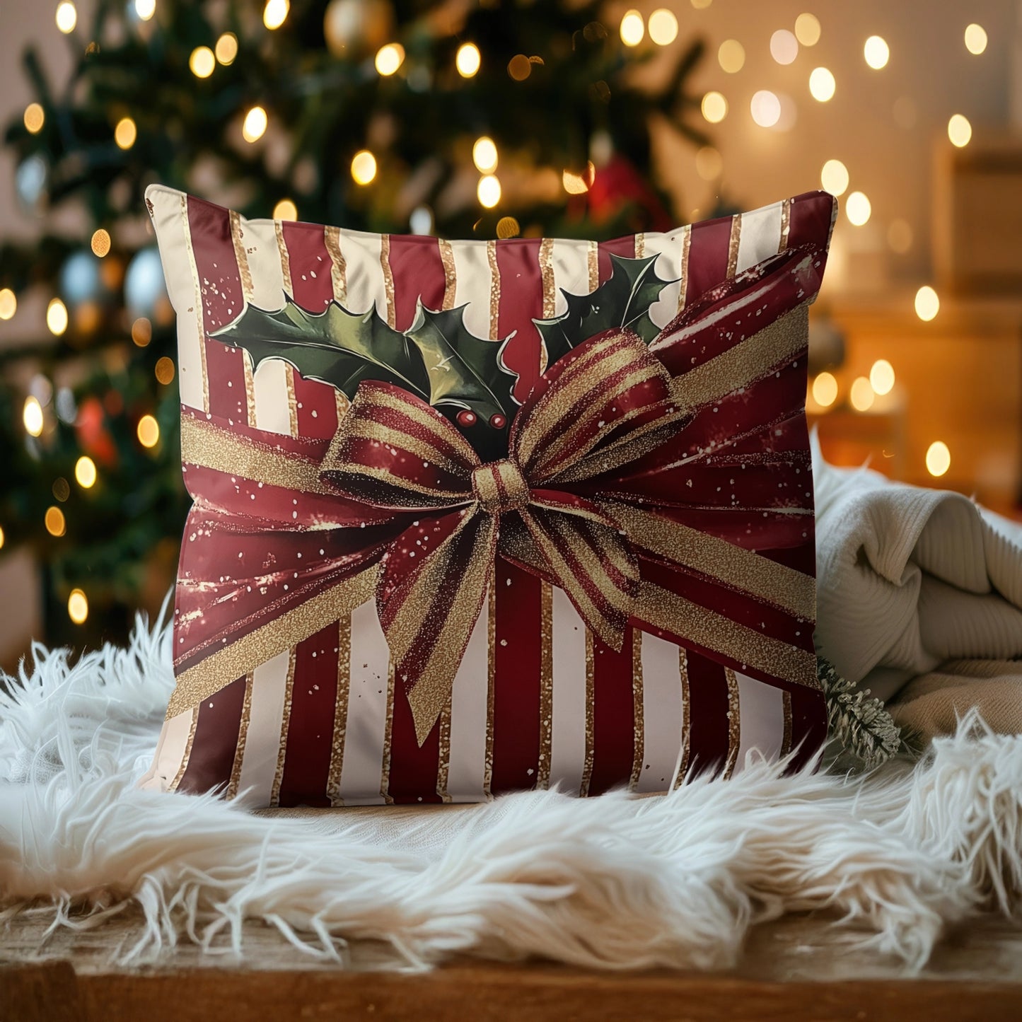 Shineful 2D Print Cushion Cover, Pillowcase, Pillows Covers - Red and Gold Elegance Christmas Gift Wrap Design