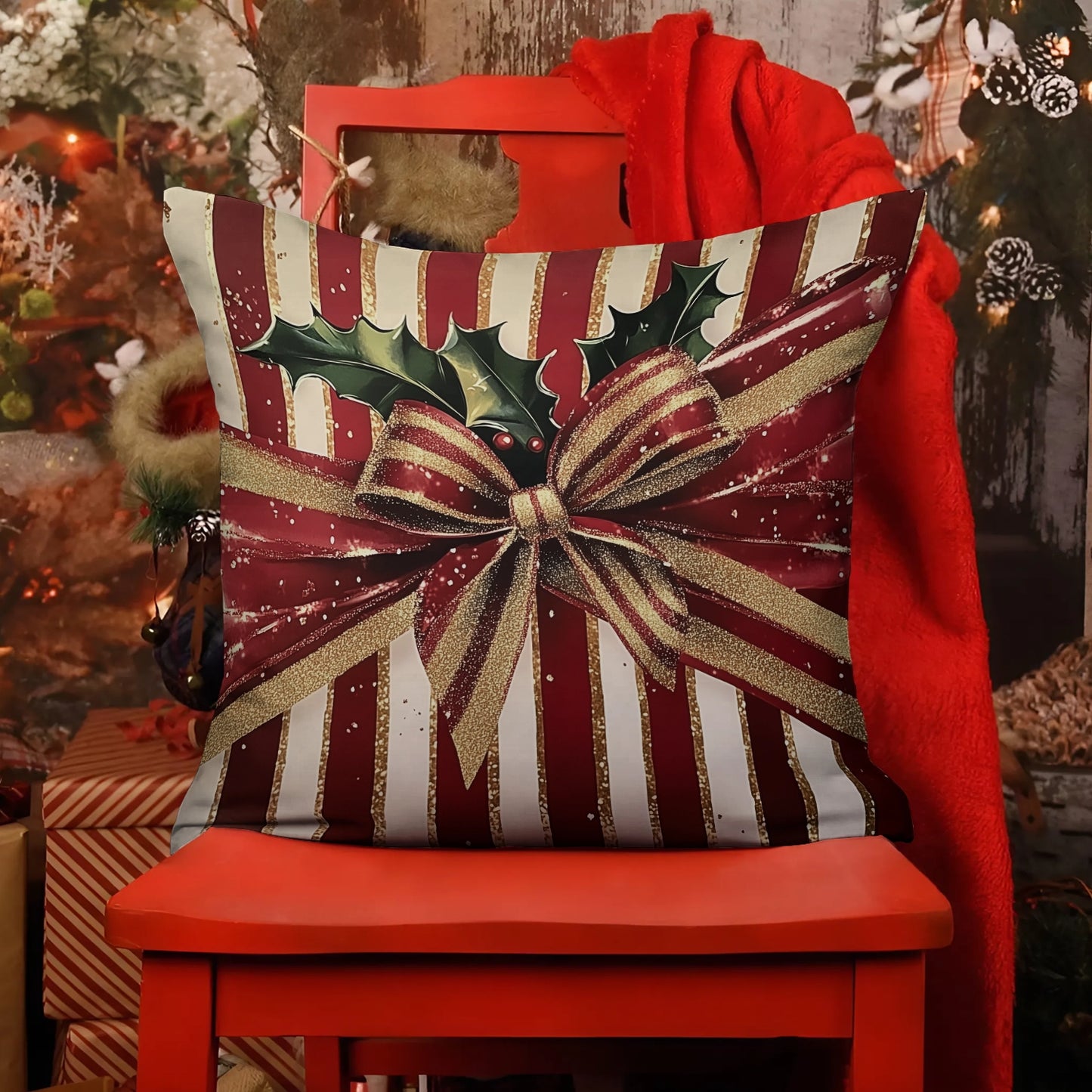 Shineful 2D Print Cushion Cover, Pillowcase, Pillows Covers - Red and Gold Elegance Christmas Gift Wrap Design