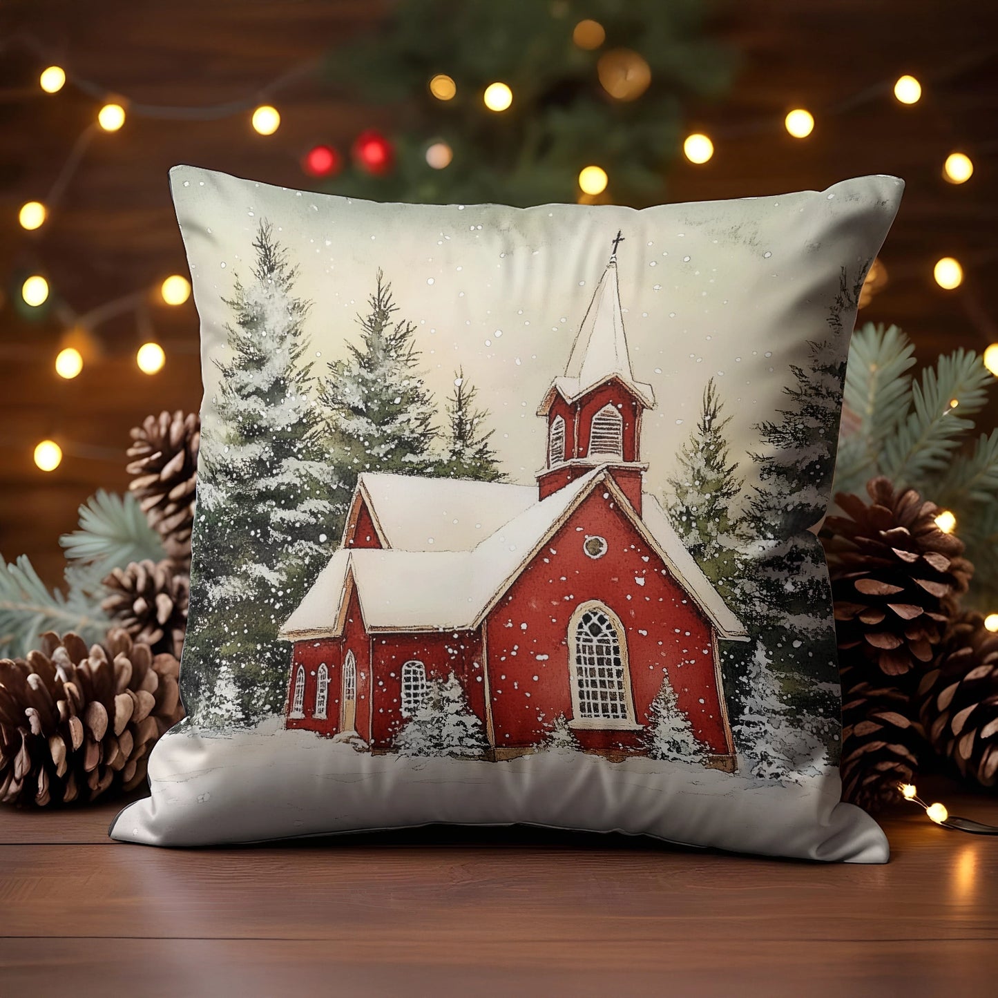 Housse de coussin, taie d'oreiller, taies d'oreiller imprimées en 2D brillantes - Chapelle rouge rustique avec chutes de neige 