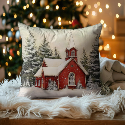 Housse de coussin, taie d'oreiller, taies d'oreiller imprimées en 2D brillantes - Chapelle rouge rustique avec chutes de neige 