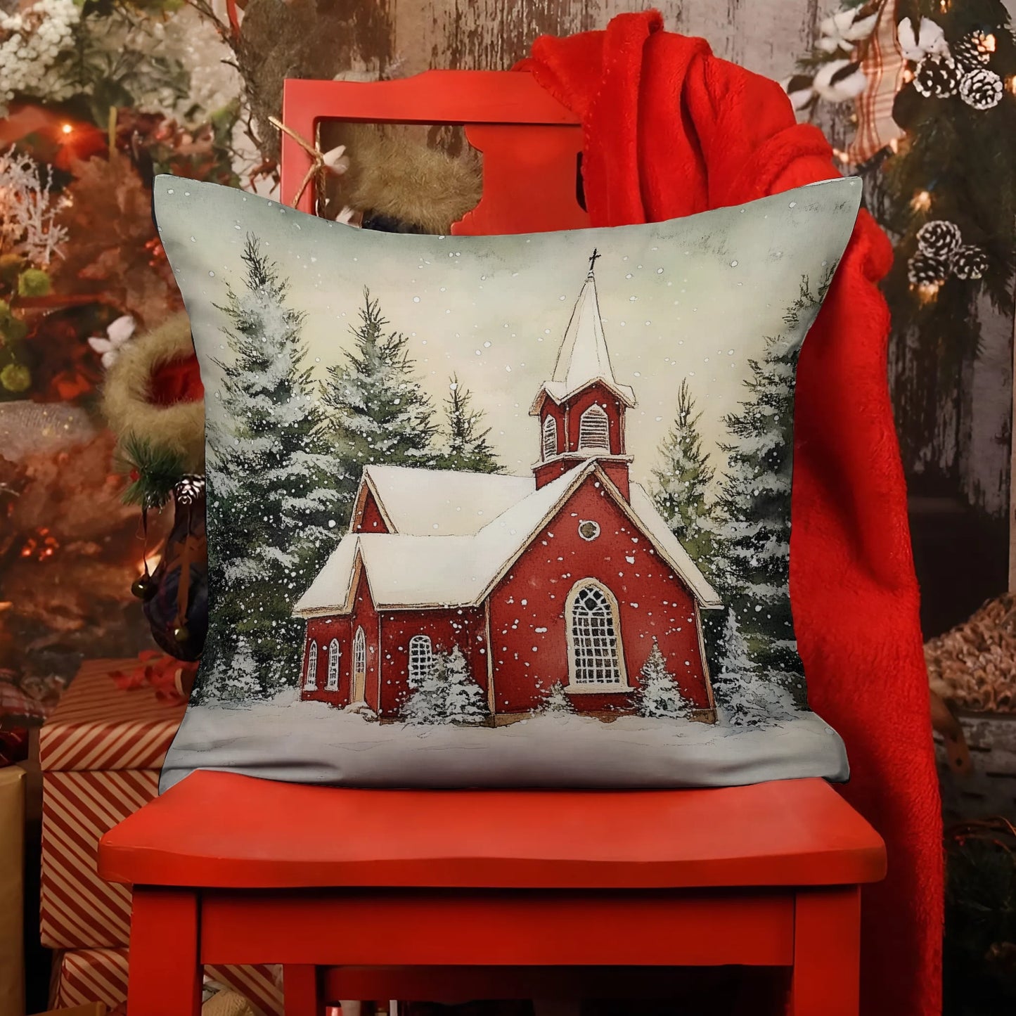 Shineful 2D Print Cushion Cover, Pillowcase, Pillows Covers - Rustic Red Chapel with Snowfall