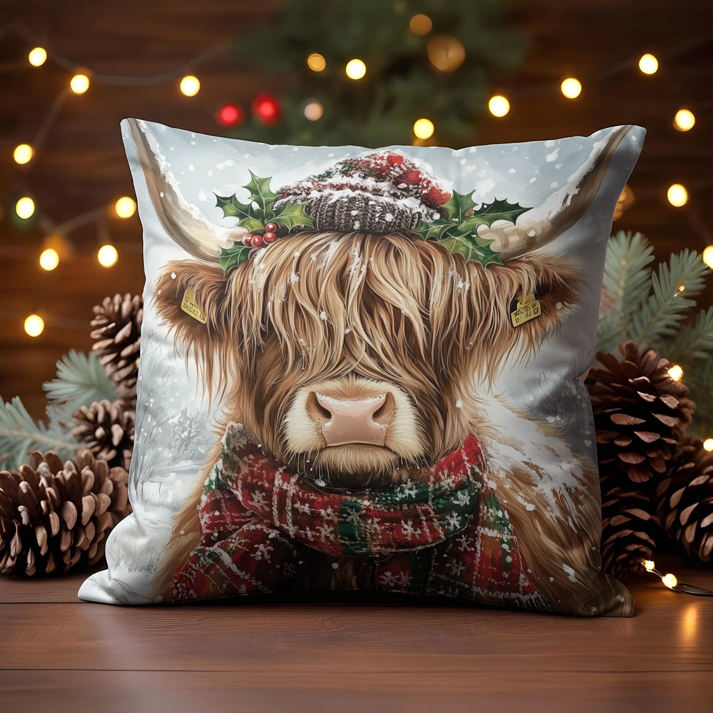 Shineful 2D Print Cushion Cover, Pillowcase, Pillows Covers - Cozy Highland Cow with Christmas Spirit