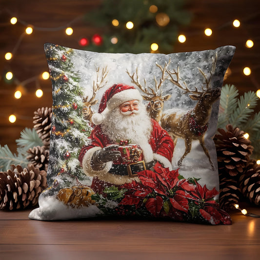 Shineful 2D Print Cushion Cover, Pillowcase, Pillows Covers - Santa Claus with Reindeer Amid a Winter Wonderland