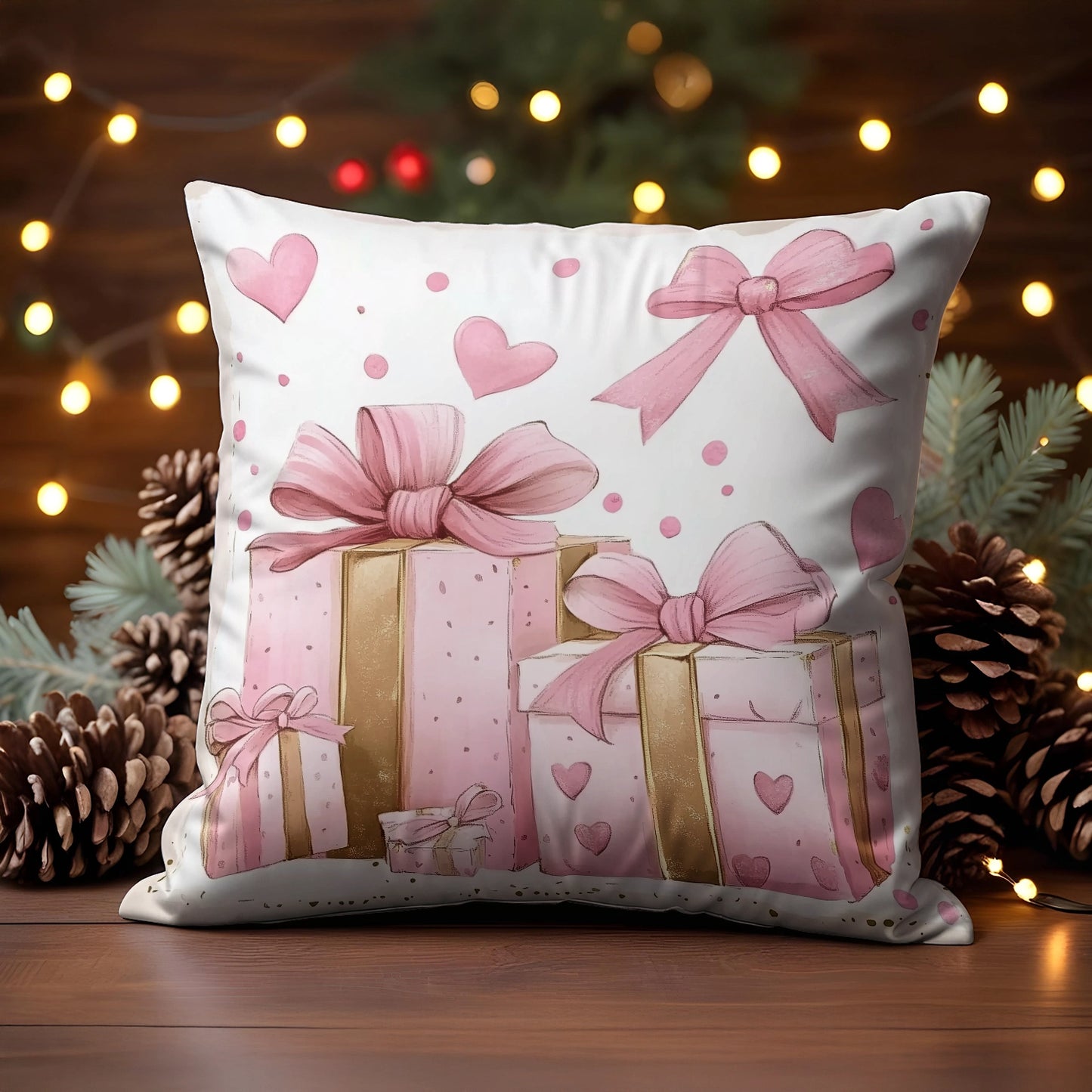 Shineful 2D Print Cushion Cover, Pillowcase, Pillows Covers - Golden Moments - Pink Bow Elegance