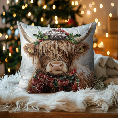 Shineful 2D Print Cushion Cover, Pillowcase, Pillows Covers - Cozy Highland Cow with Christmas Spirit