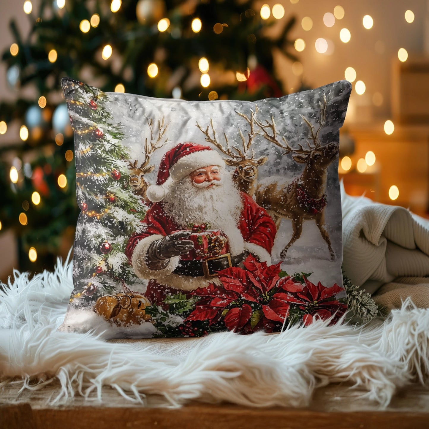 Shineful 2D Print Cushion Cover, Pillowcase, Pillows Covers - Santa Claus with Reindeer Amid a Winter Wonderland