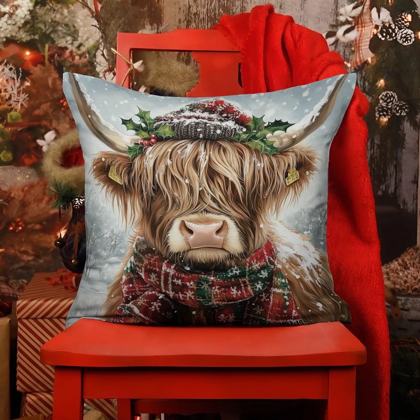 Shineful 2D Print Cushion Cover, Pillowcase, Pillows Covers - Cozy Highland Cow with Christmas Spirit