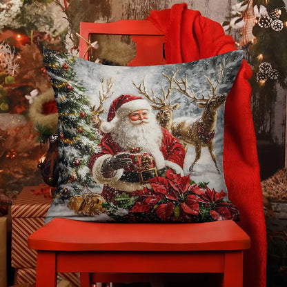 Shineful 2D Print Cushion Cover, Pillowcase, Pillows Covers - Santa Claus with Reindeer Amid a Winter Wonderland