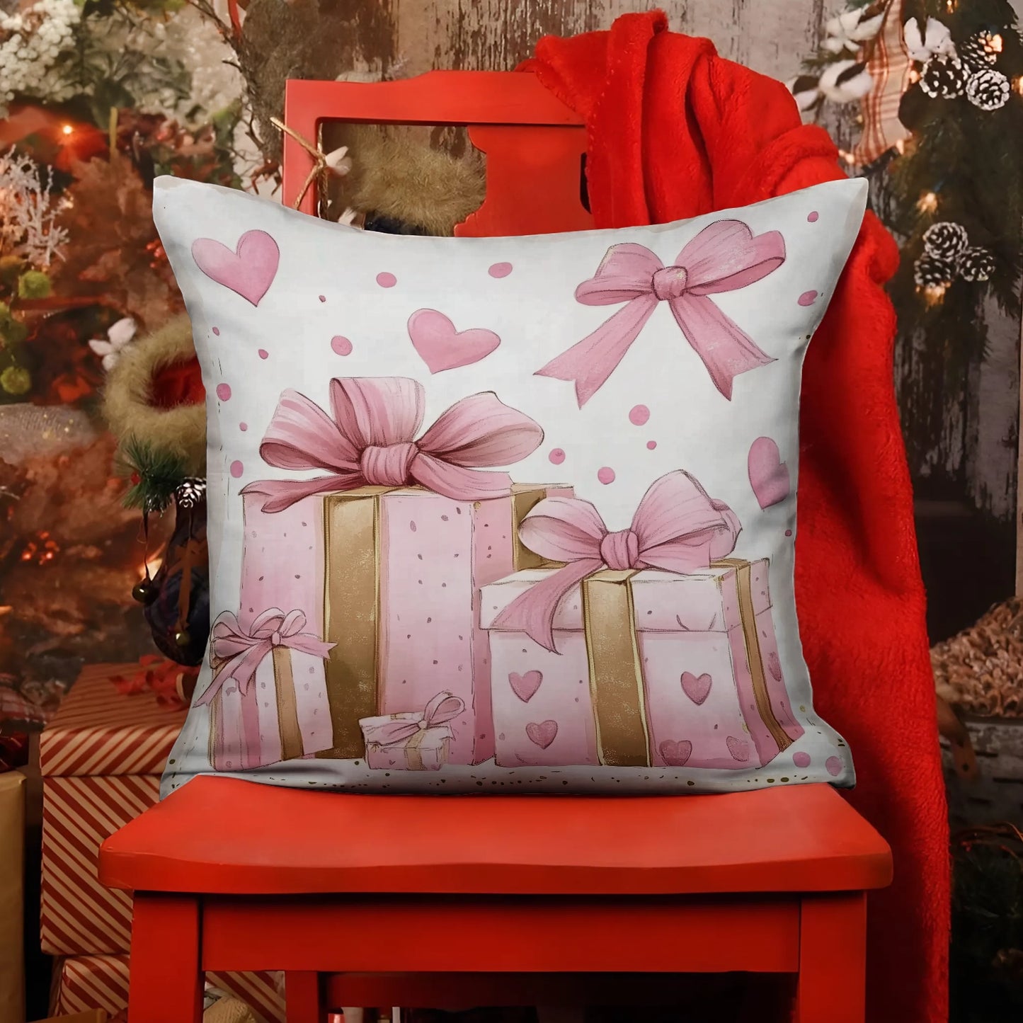 Shineful 2D Print Cushion Cover, Pillowcase, Pillows Covers - Golden Moments - Pink Bow Elegance