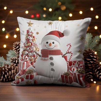 Housse de coussin, taie d'oreiller, taies d'oreiller imprimées en 2D brillantes - Bonhomme de neige joyeux avec cannes de bonbon et cadeaux de Noël