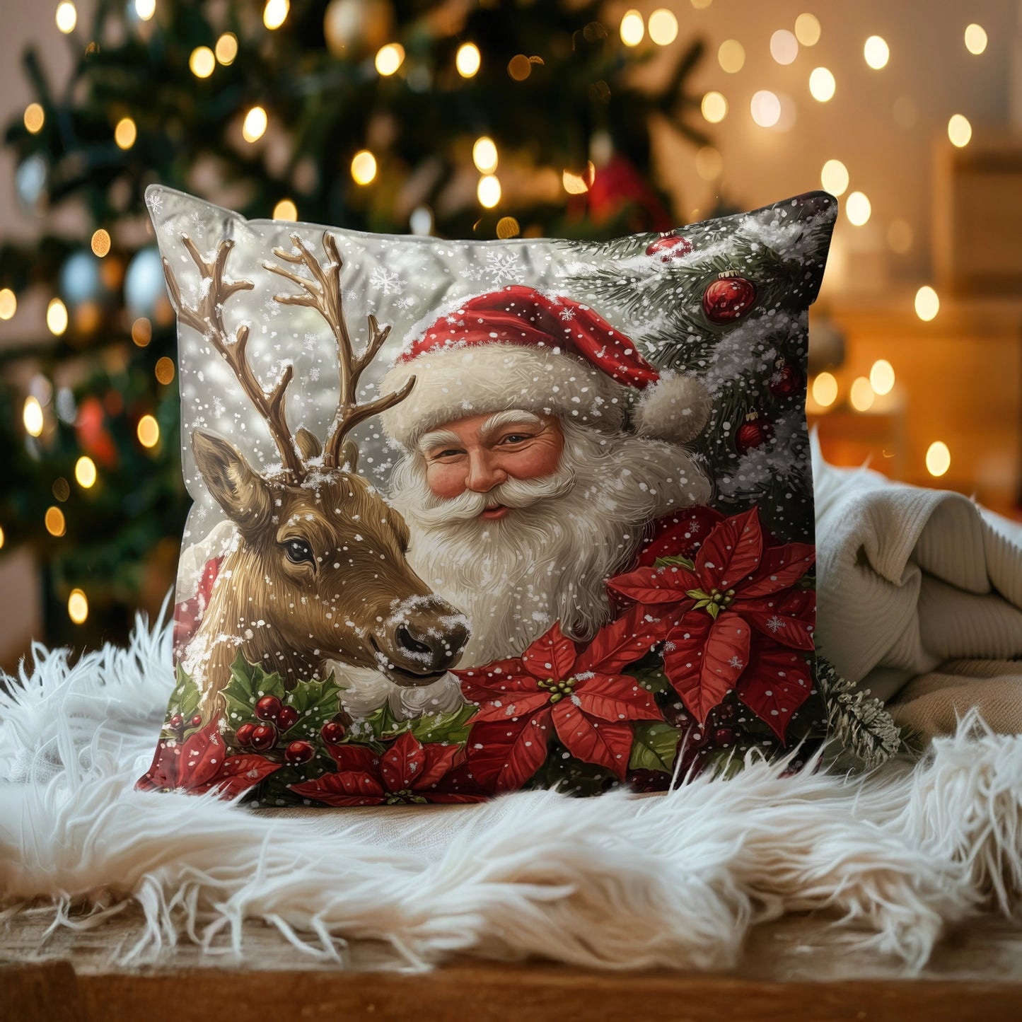 Shineful 2D Print Cushion Cover, Pillowcase, Pillows Covers - Santa Claus and Reindeer Sharing a Festive Moment