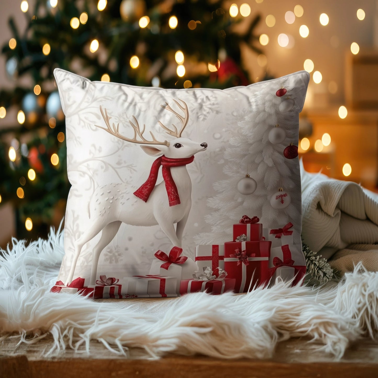 Shineful 2D Print Cushion Cover, Pillowcase, Pillows Covers - A winter wonderland of elegance and charm, starring our graceful white deer.