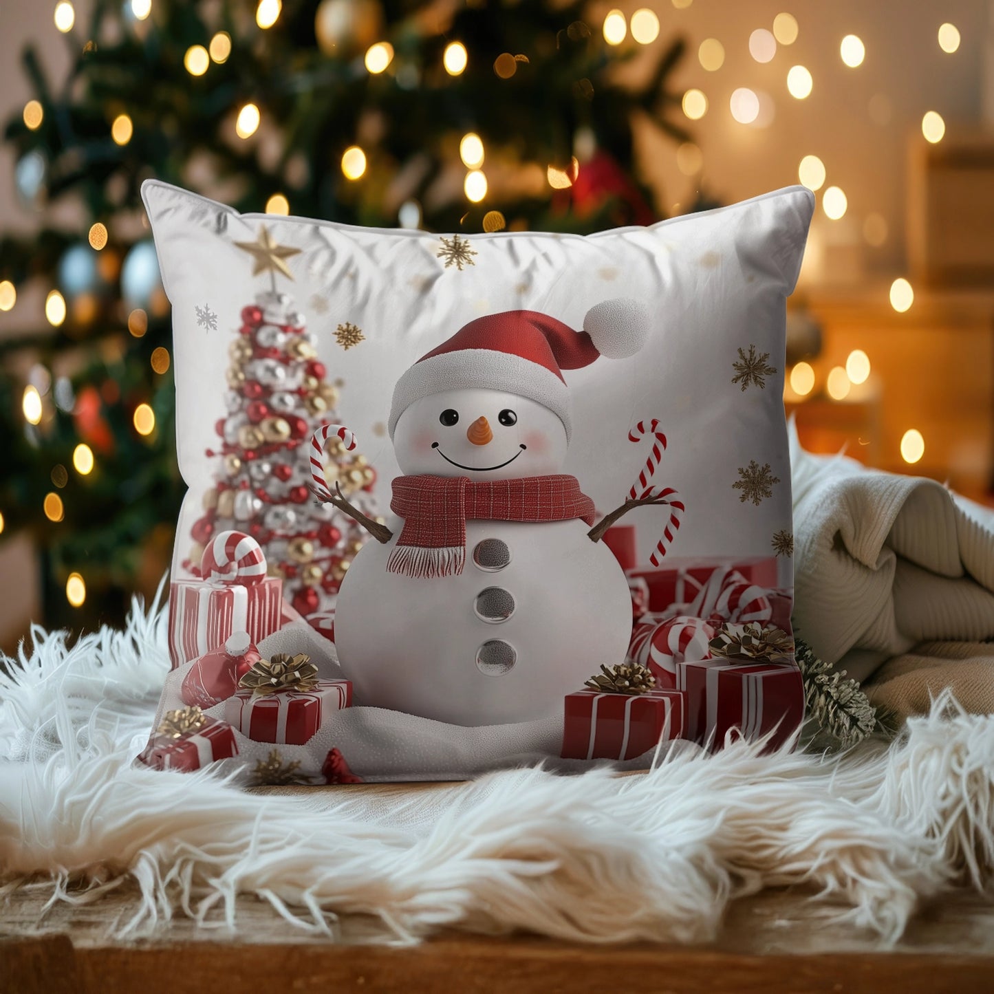 Housse de coussin, taie d'oreiller, taies d'oreiller imprimées en 2D brillantes - Bonhomme de neige joyeux avec cannes de bonbon et cadeaux de Noël