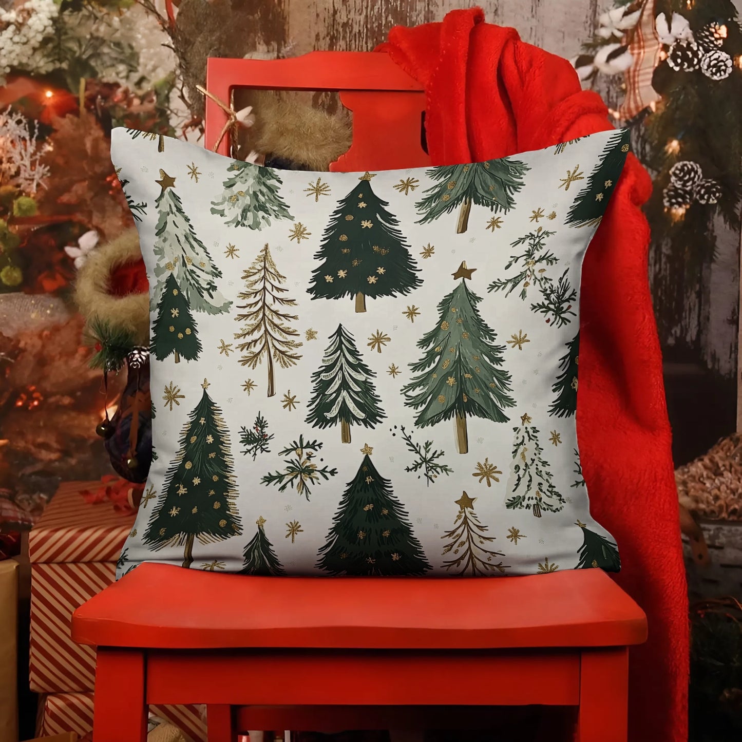 Shineful 2D Print Cushion Cover, Pillowcase, Pillows Covers - Elegant Green Tree and Gold Star Holiday Print