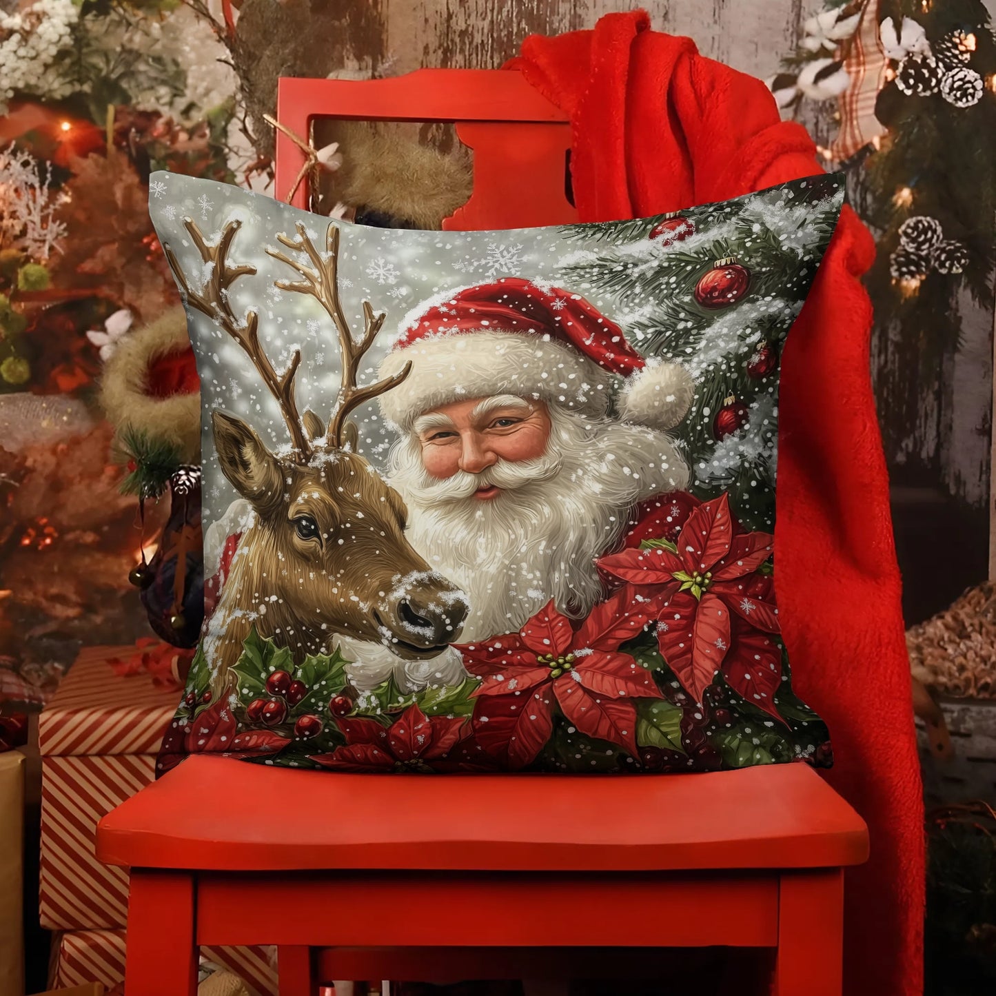 Shineful 2D Print Cushion Cover, Pillowcase, Pillows Covers - Santa Claus and Reindeer Sharing a Festive Moment