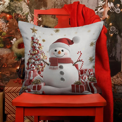 Housse de coussin, taie d'oreiller, taies d'oreiller imprimées en 2D brillantes - Bonhomme de neige joyeux avec cannes de bonbon et cadeaux de Noël