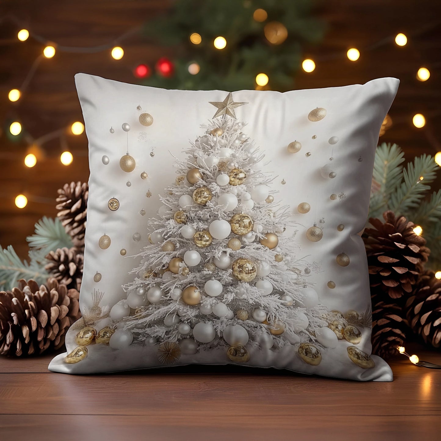 Shineful 2D Print Cushion Cover, Pillowcase, Pillows Covers - White and Gold Elegance Christmas Tree