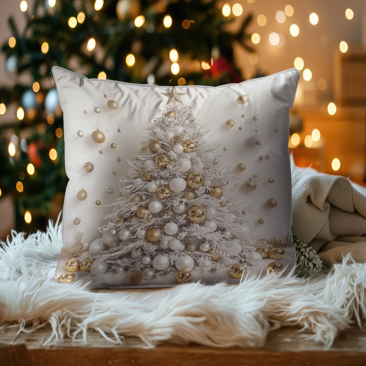 Housse de coussin, taie d'oreiller, taies d'oreiller Shineful 2D Print - Sapin de Noël élégant blanc et doré 