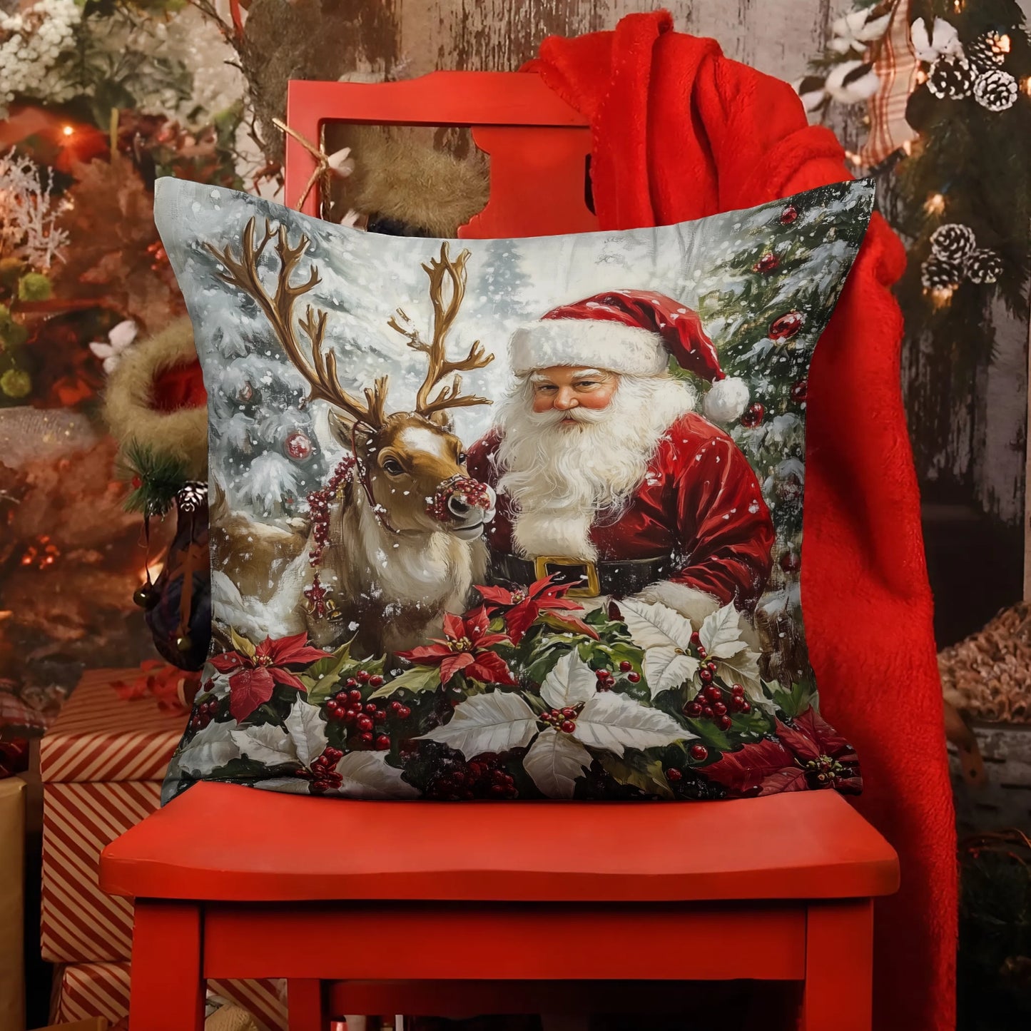 Shineful 2D Print Cushion Cover, Pillowcase, Pillows Covers - Santa and His Reindeer in a Festive Wonderland