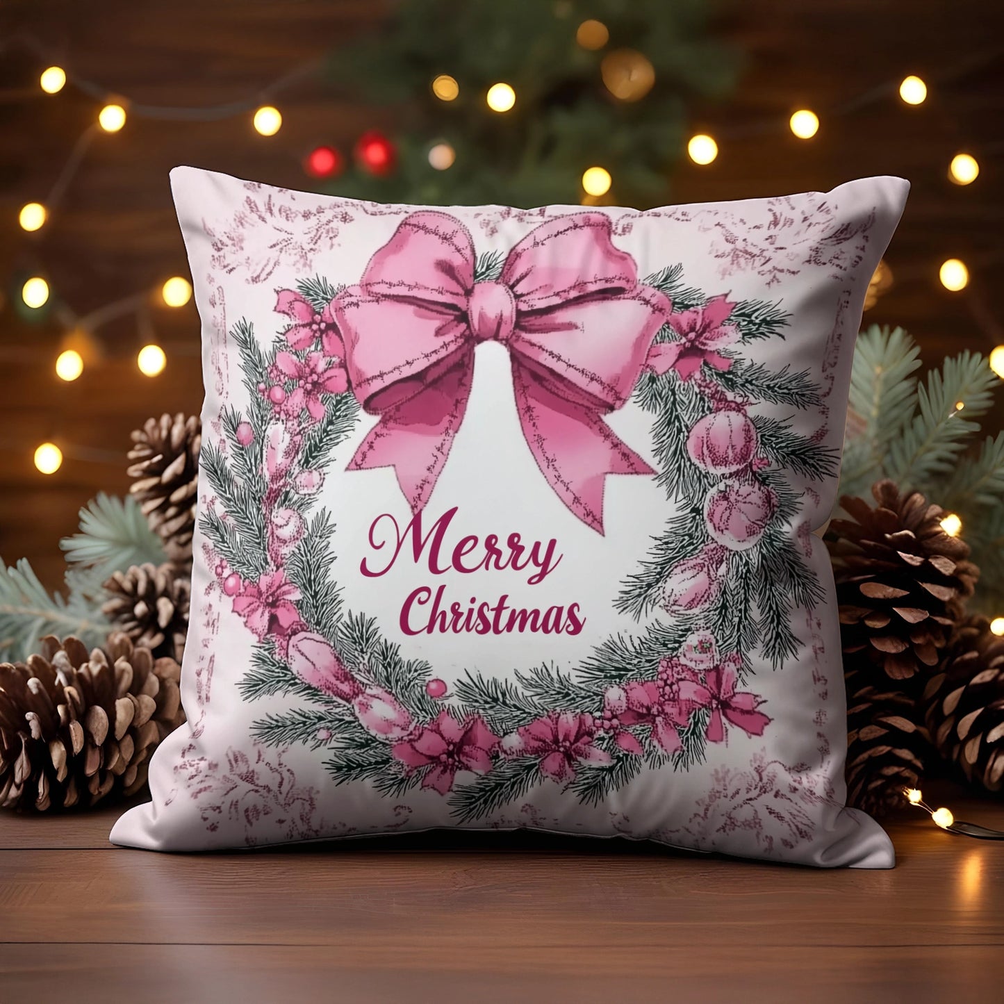 Shineful 2D Print Cushion Cover, Pillowcase, Pillows Covers - A Merry Christmas Wrapped in a Pink Bow