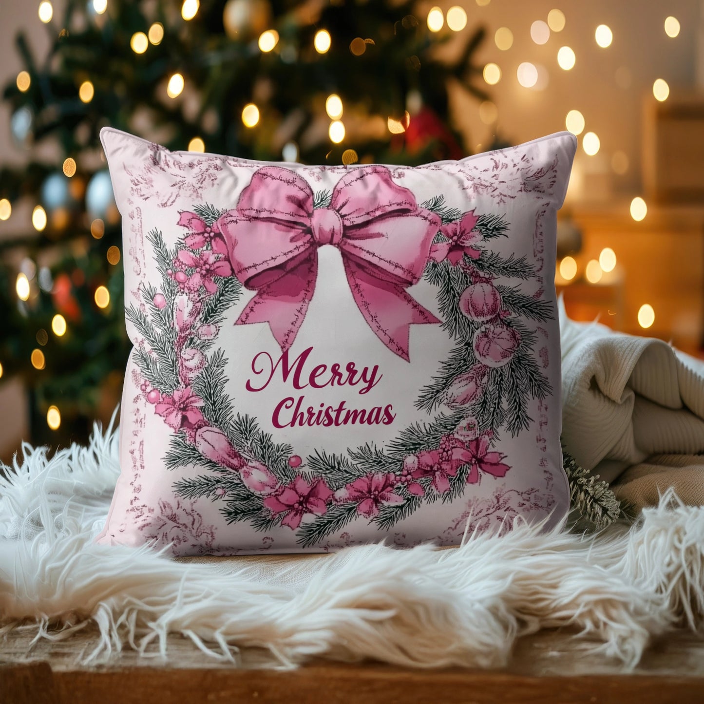 Shineful 2D Print Cushion Cover, Pillowcase, Pillows Covers - A Merry Christmas Wrapped in a Pink Bow